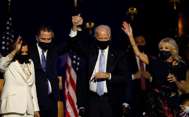 Joe Biden e Kamala Harris no discurso de posse