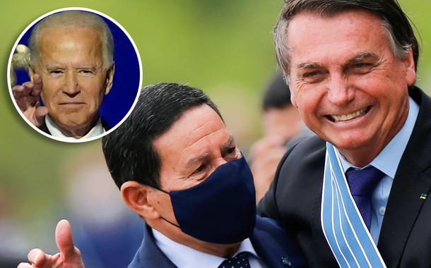 Joe Biden no detalhe; Mourão com Bolsonaro