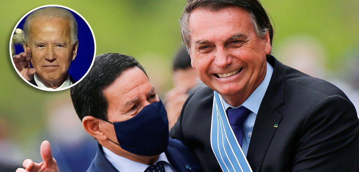 Joe Biden no detalhe; Mourão com Bolsonaro