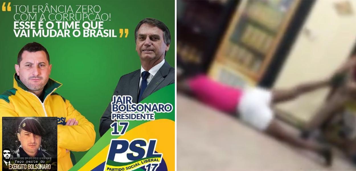 Soldado Pessutti em imagem da campanha a deputado federal e o angolano que desmaiou ao ser espancado