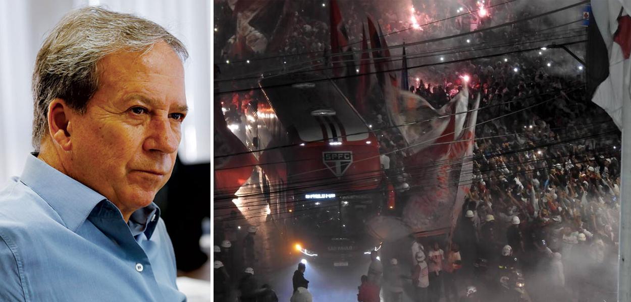 Edson Aparecido e torcida do São Paulo aglomerada em frente ao estádio do Morumbi