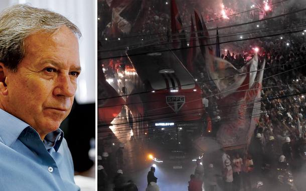 Edson Aparecido e torcida do São Paulo aglomerada em frente ao estádio do Morumbi