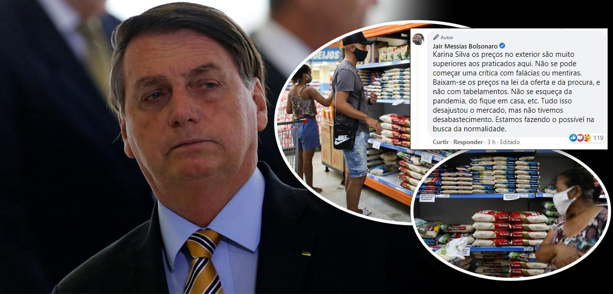 Jair Bolsonaro e pessoas fazendo compras de alimentos