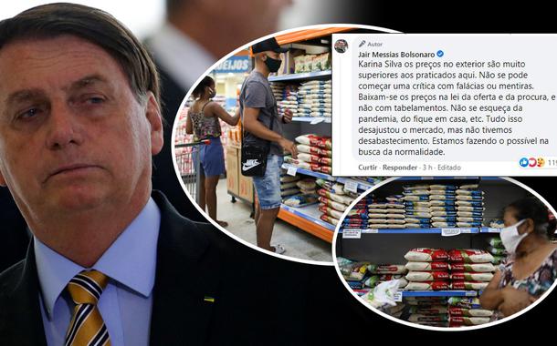 Jair Bolsonaro e pessoas fazendo compras de alimentos