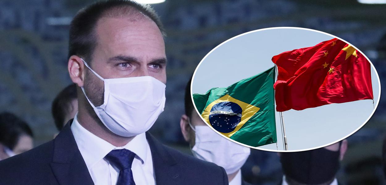 Eduardo Bolsonaro e bandeiras do Brasil e China