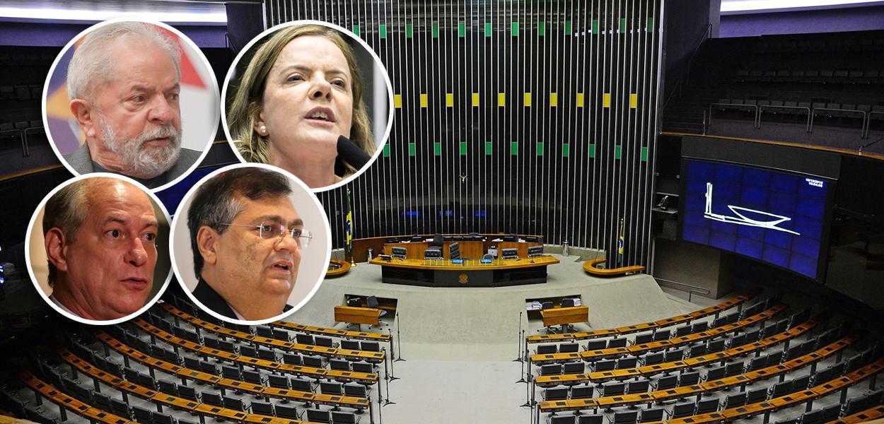 Lula, Gleisi Hoffmann, Ciro Gomes, Flávio Dino e plenário da Câmara dos Deputados