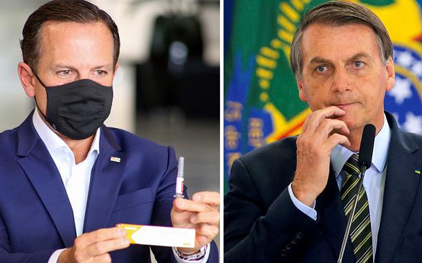 Doria segurando a vacina CoronaVac e Jair Bolsonaro.