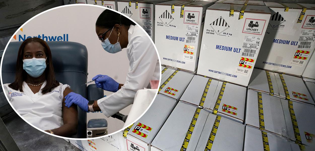 Sandra Lindsay, enfermeira que foi a primeira pessoa a ser vacinada contra Covid-19 nos EUA e Caixas com vacinas contra Covid-19 da Pfizer na UPS Worldport, em Louisville, Kentucky