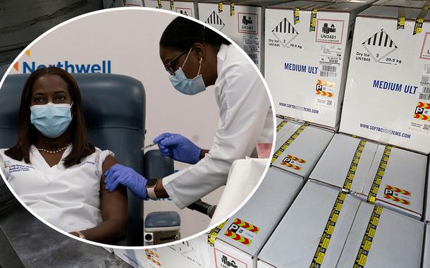 Sandra Lindsay, enfermeira que foi a primeira pessoa a ser vacinada contra Covid-19 nos EUA e Caixas com vacinas contra Covid-19 da Pfizer na UPS Worldport, em Louisville, Kentucky