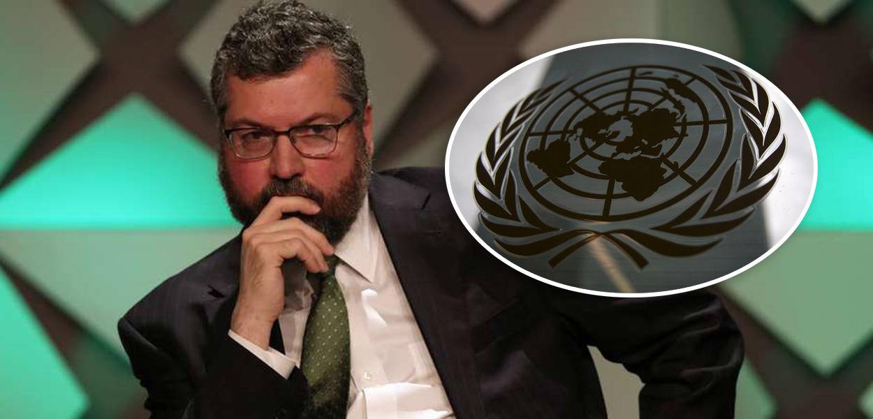 Ernesto Araújo e fachada da ONU