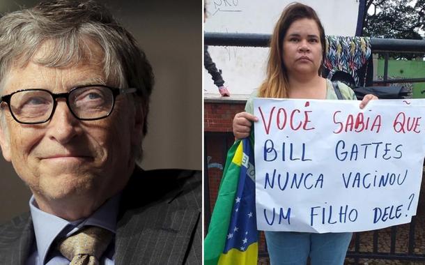 Bill Gates e mulher segurando cartaz