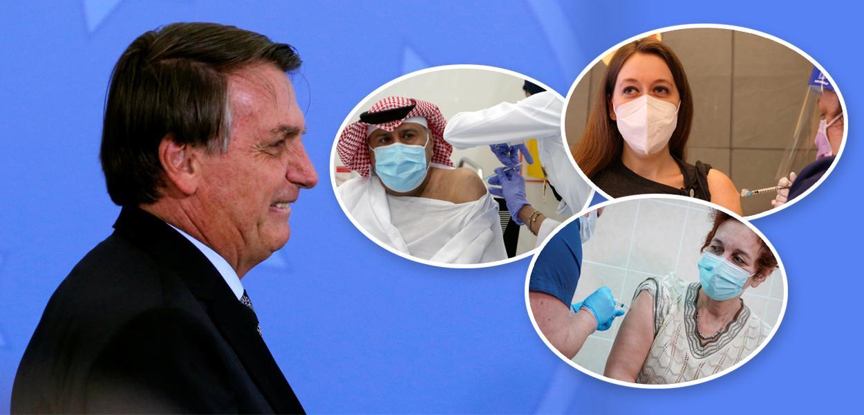 Bolsonaro e pessoas pelo mundo sendo vacinadas