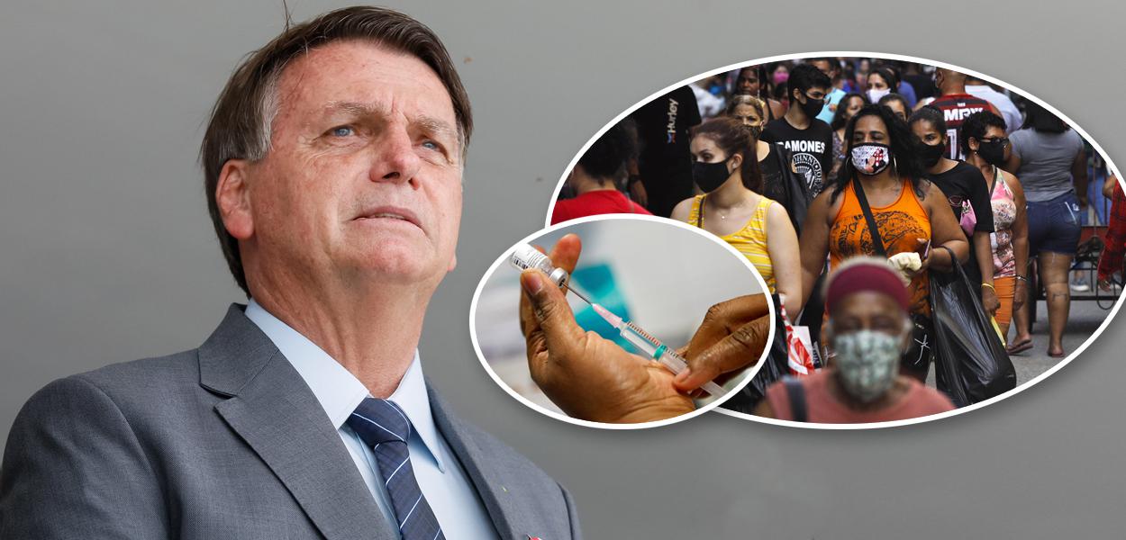 Bolsonaro, vacina contra Covid-19 e pessoas andando na rua de máscara