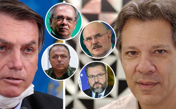 Jair Bolsonaro, Paulo Guedes, Eduardo Pazuello, Milton Ribeiro, Ernesto Araújo e Fernando Haddad