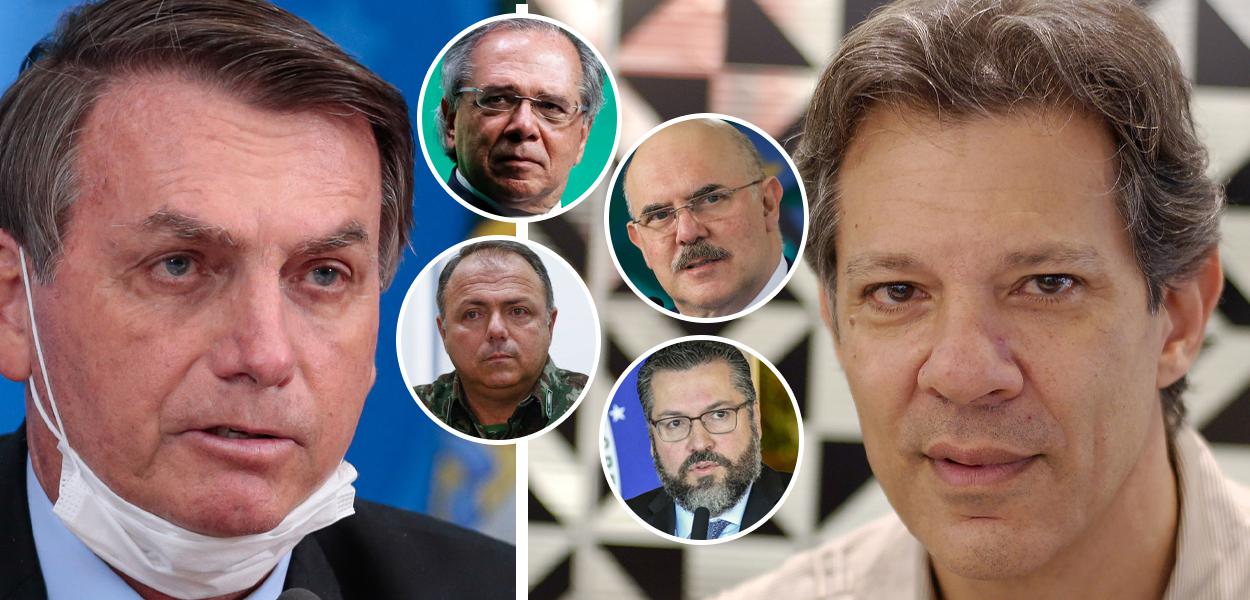 Jair Bolsonaro, Paulo Guedes, Eduardo Pazuello, Milton Ribeiro, Ernesto Araújo e Fernando Haddad