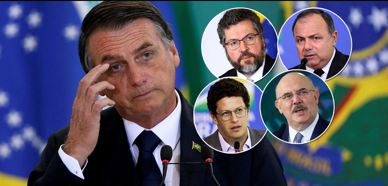 Jair Bosonaro e os ministros Ernesto Araújo (Relações Exteriores), Ricardo Salles (Meio Ambiente), Eduardo Pazuello (Saúde) e Milton Ribeiro (Educação)