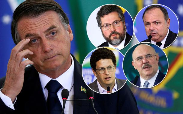 Jair Bosonaro e os ministros Ernesto Araújo (Relações Exteriores), Ricardo Salles (Meio Ambiente), Eduardo Pazuello (Saúde) e Milton Ribeiro (Educação)