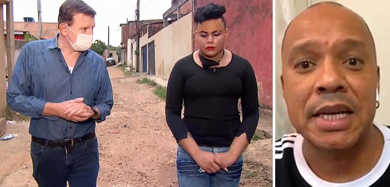 Mc Mylon (camisa preta) sendo entrevistado pelo repórter Roberto Cabrini e Anderson Leonardo, do grupo Molejo, à direita