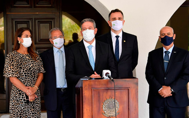 Rodrigo Pacheco se reuniu nesta quinta-feira (18) com a deputada Flávia Arruda, os ministros da Economia, Paulo Guedes, e da Secretaria de Governo, Luiz Eduardo Ramos, e com o presidente da Câmara, Arthur Lira  Fonte: Agência Senado