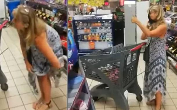 Uma cliente de um supermercado gravou o momento em que uma mulher retira a calcinha para colocar no rosto