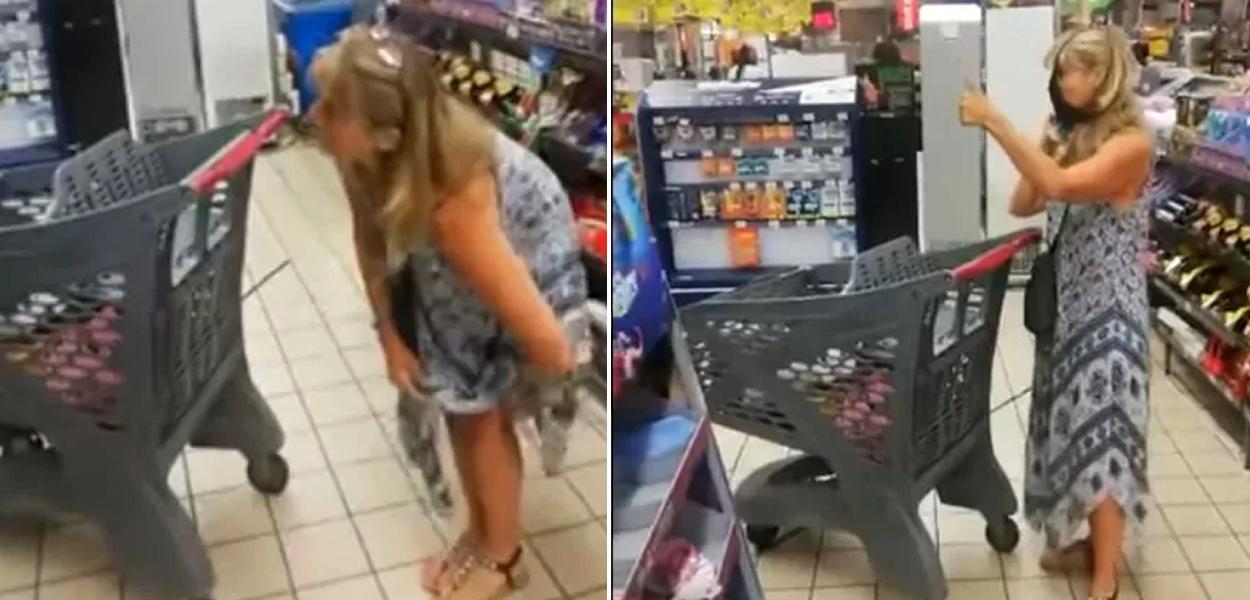 Uma cliente de um supermercado gravou o momento em que uma mulher retira a calcinha para colocar no rosto