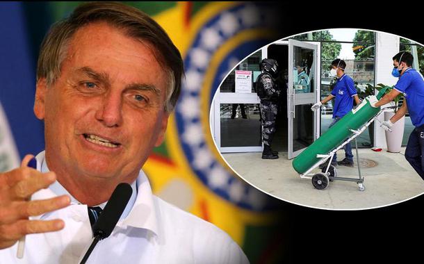 Jair Bolsonaro  e cilindro de oxigênio sendo entregue a hospital durante a pandemia de Covid-19