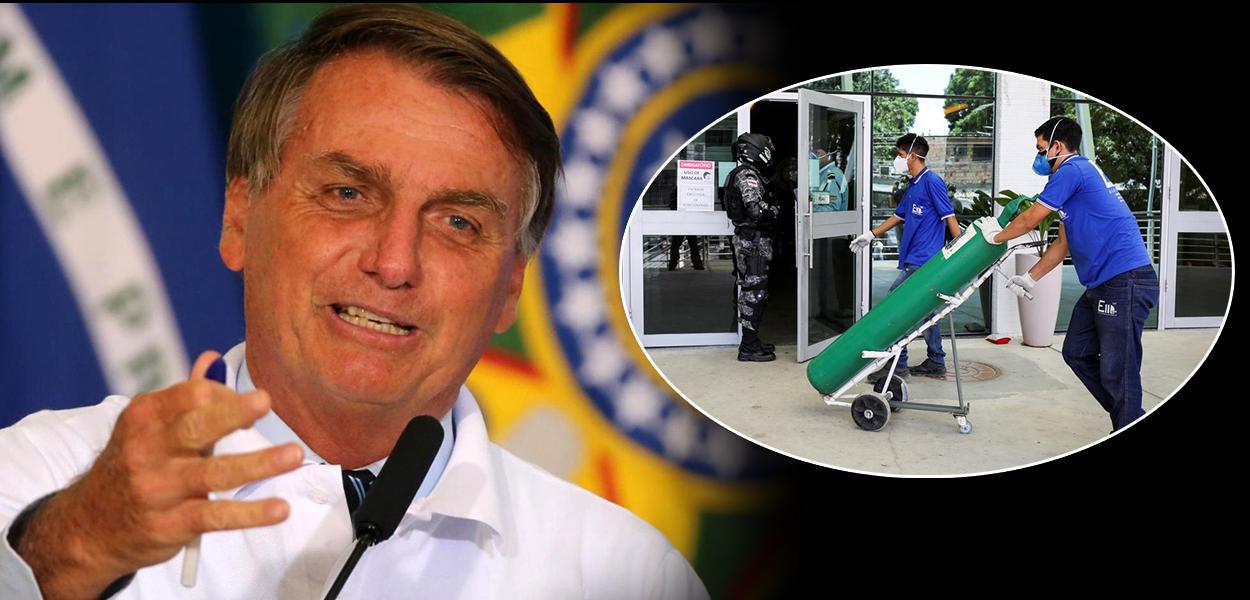 Jair Bolsonaro  e cilindro de oxigênio sendo entregue a hospital durante a pandemia de Covid-19