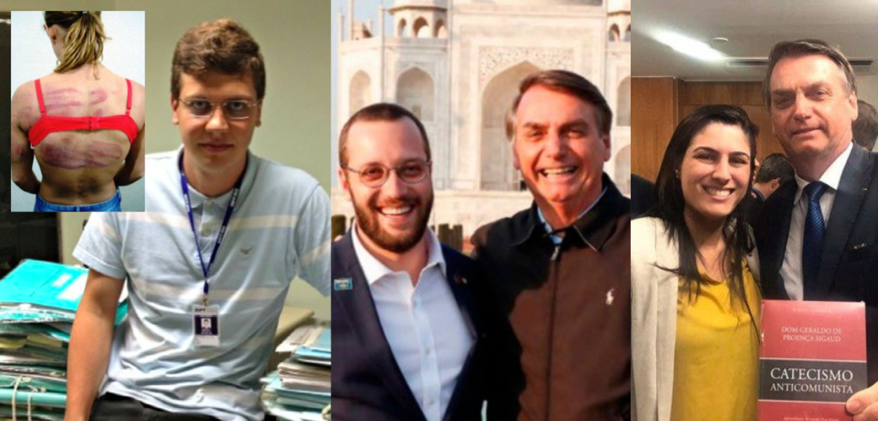 Douglas Kirchner, com imagem da esposa espancada, e os deputados Filipe Barros e Chris Tonietto com Bolsonaro