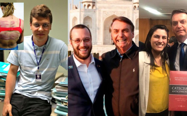 Douglas Kirchner, com imagem da esposa espancada, e os deputados Filipe Barros e Chris Tonietto com Bolsonaro