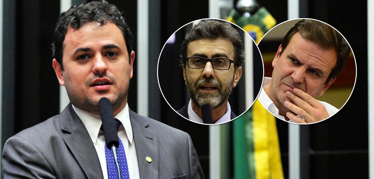 Deputados Glauber Braga, Marcelo Freixo e o prefeito do Rio, Eduardo Paes
