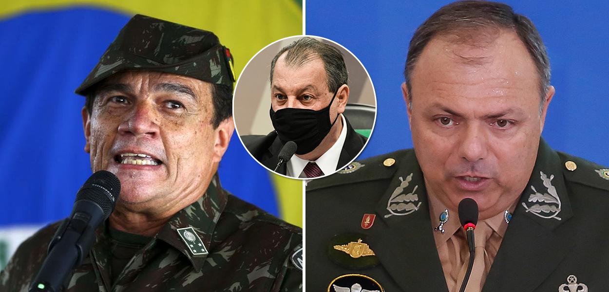 Comandante do Exército, general Paulo Sergio Nogueira de Oliveira, senador Omar Aziz (PSD-AM) e o ex-ministro Eduardo Pazuello