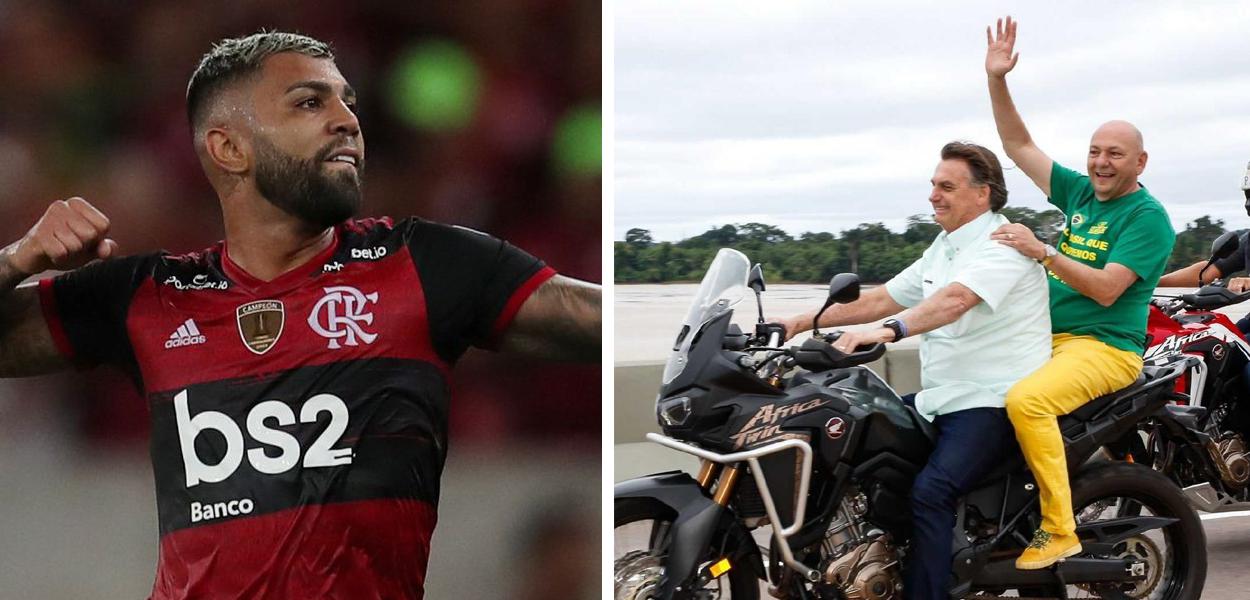 Atacante do Flamengo Gabigol e Jair Bolsonaro andando de moto junto com o empresário Luciano Hang