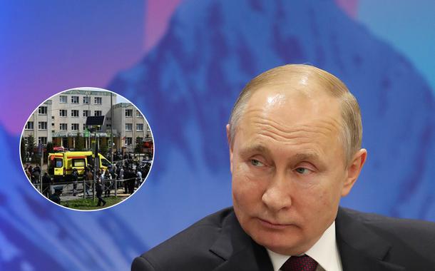 Presidente da Rússia, Vladimir Putin, e a polícia fazendo um cerco em escola alvo de tiroteio na cidade de Kazan