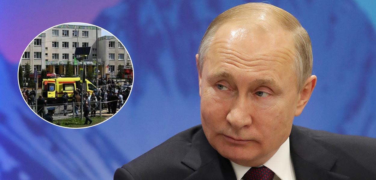 Presidente da Rússia, Vladimir Putin, e a polícia fazendo um cerco em escola alvo de tiroteio na cidade de Kazan