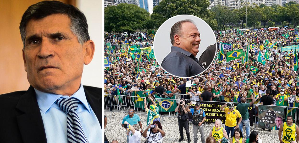 General Carlos Alberto dos Santos Cruz e o general Eduardo Pazuello. No fundo, o ato bolsonarista no Rio