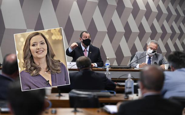 Jornalista Cristina Serra, o presidente da CPI da Covid, Omar Aziz (PSD-AM), e o relator da comissão, Renan Calheiros (MDB-AL)