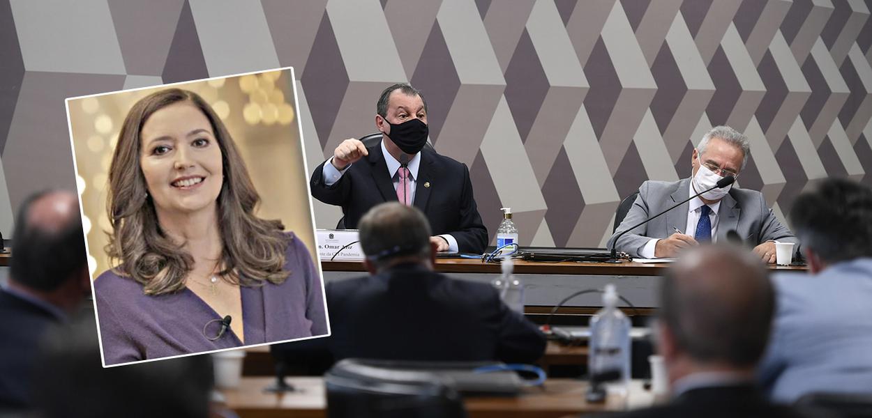 Jornalista Cristina Serra, o presidente da CPI da Covid, Omar Aziz (PSD-AM), e o relator da comissão, Renan Calheiros (MDB-AL)