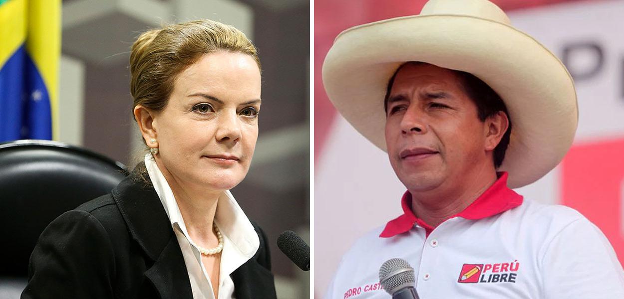 Presidente nacional do PT, Gleisi Hoffmann, e o candidato à presidência do Peru Pedro Castillo