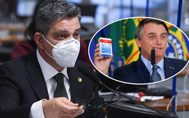 Rogério Carvalho e Bolsonaro segurando caixa de cloroquina