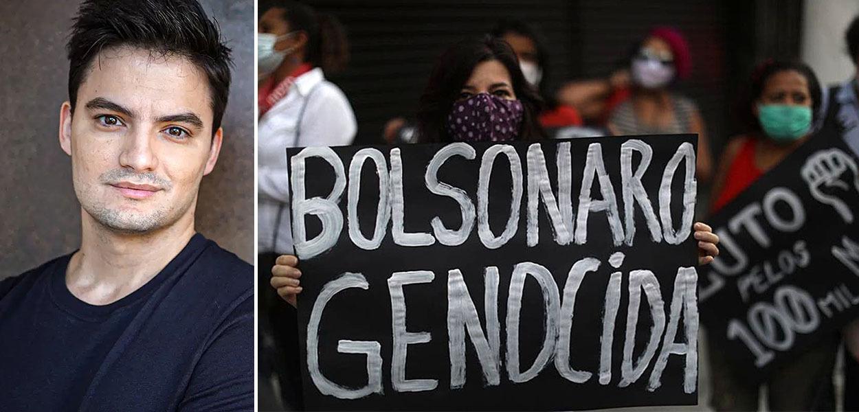 Felipe Neto e manifestante com cartaz "BOLSONARO GENOCIDA"