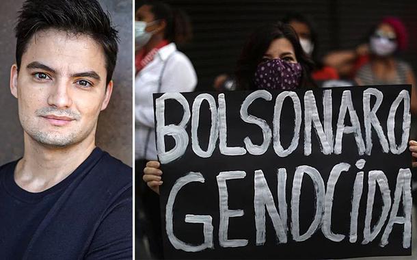 Felipe Neto e manifestante com cartaz "BOLSONARO GENOCIDA"