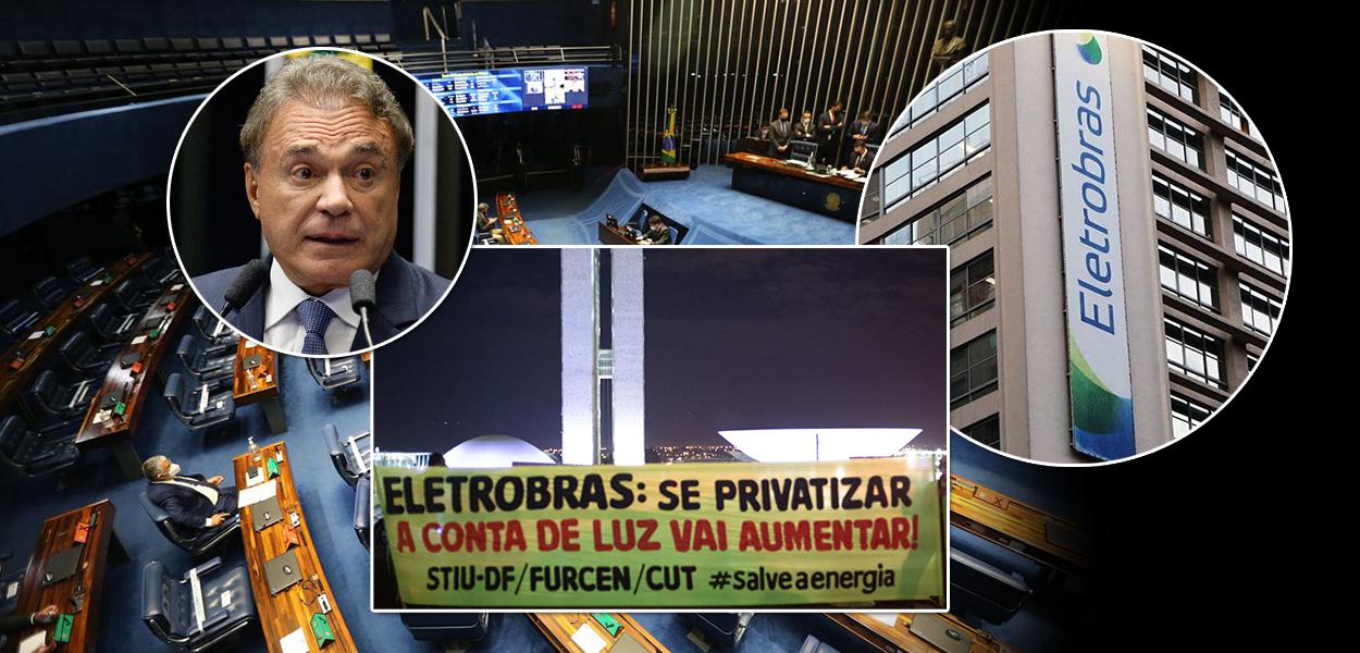 Senador Alvaro Dias, ato contra privatização da estatal elétrica e a Eletrobras mais o Senado ao fundo