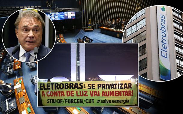 Senador Alvaro Dias, ato contra privatização da estatal elétrica e a Eletrobras mais o Senado ao fundo