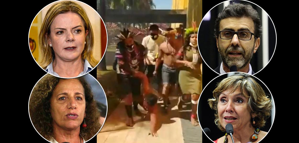 Parlamentares Gleisi Hoffamnn, Jandira Feghali, Marcelo Freixo e Erika Kokay mais a violência contra índios ao fundo