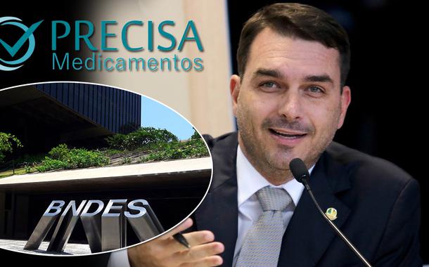 BNDES, logo da Precisa Medicamentos e o senador Flávio Bolsonaro