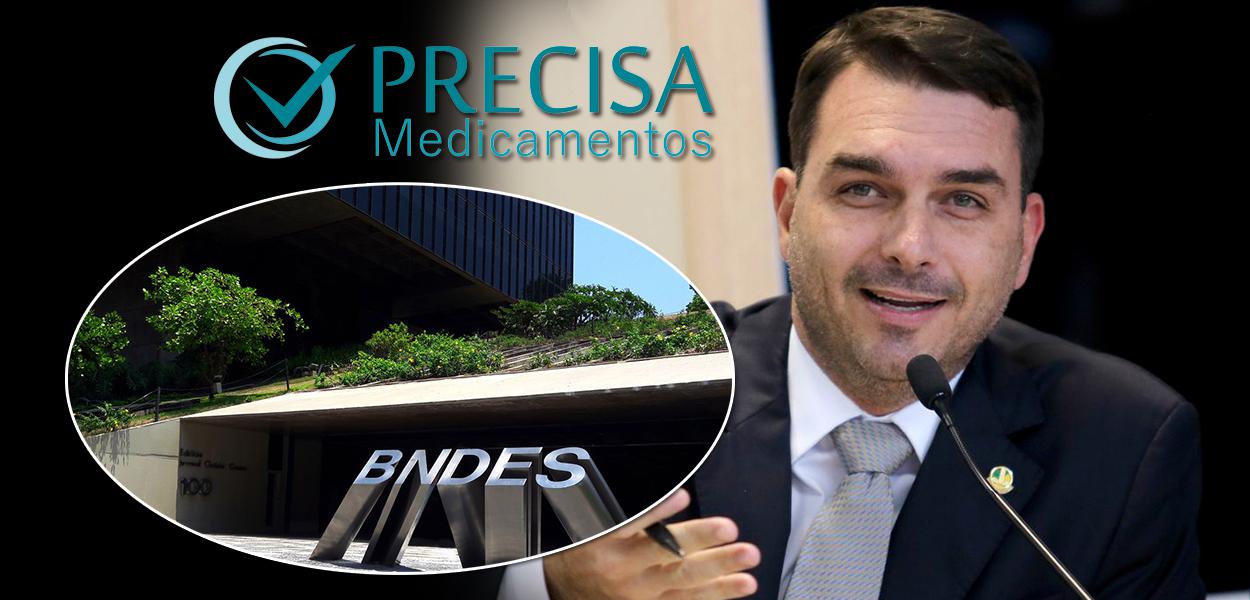 BNDES, logo da Precisa Medicamentos e o senador Flávio Bolsonaro