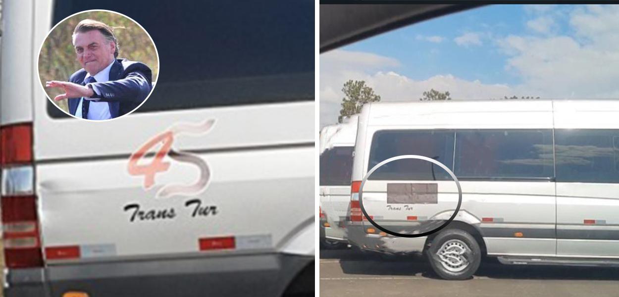 Bolsonaro em Sorocaba, e as vans que transportaram a comitiva. Fotos: Daniel Gil e Fábio Rogério