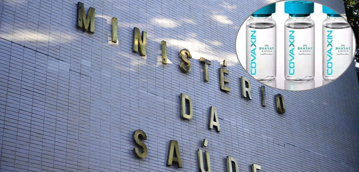 Fachada do Ministério da Saúde na Esplanada dos Ministérios e a vacina Covaxin