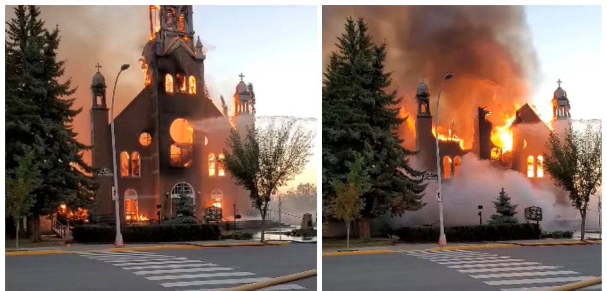 Uma igreja católica desaba quando os bombeiros trabalham para apagar o incêndio na Paróquia St. Jean Baptiste em Morinville, Alberta, Canadá 30 de junho de 2021