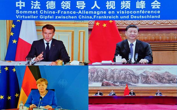 Videoconferência entre Xi Jinping, Emmanuel Macron e Angela Merkel
